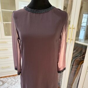 Elegant Sheer Sleeve Cocktail Dress with Beaded Trim